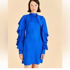 Sz M-Farm Rio Bright Blue Backless Ruffle Sleeve Mini Dress. NWT